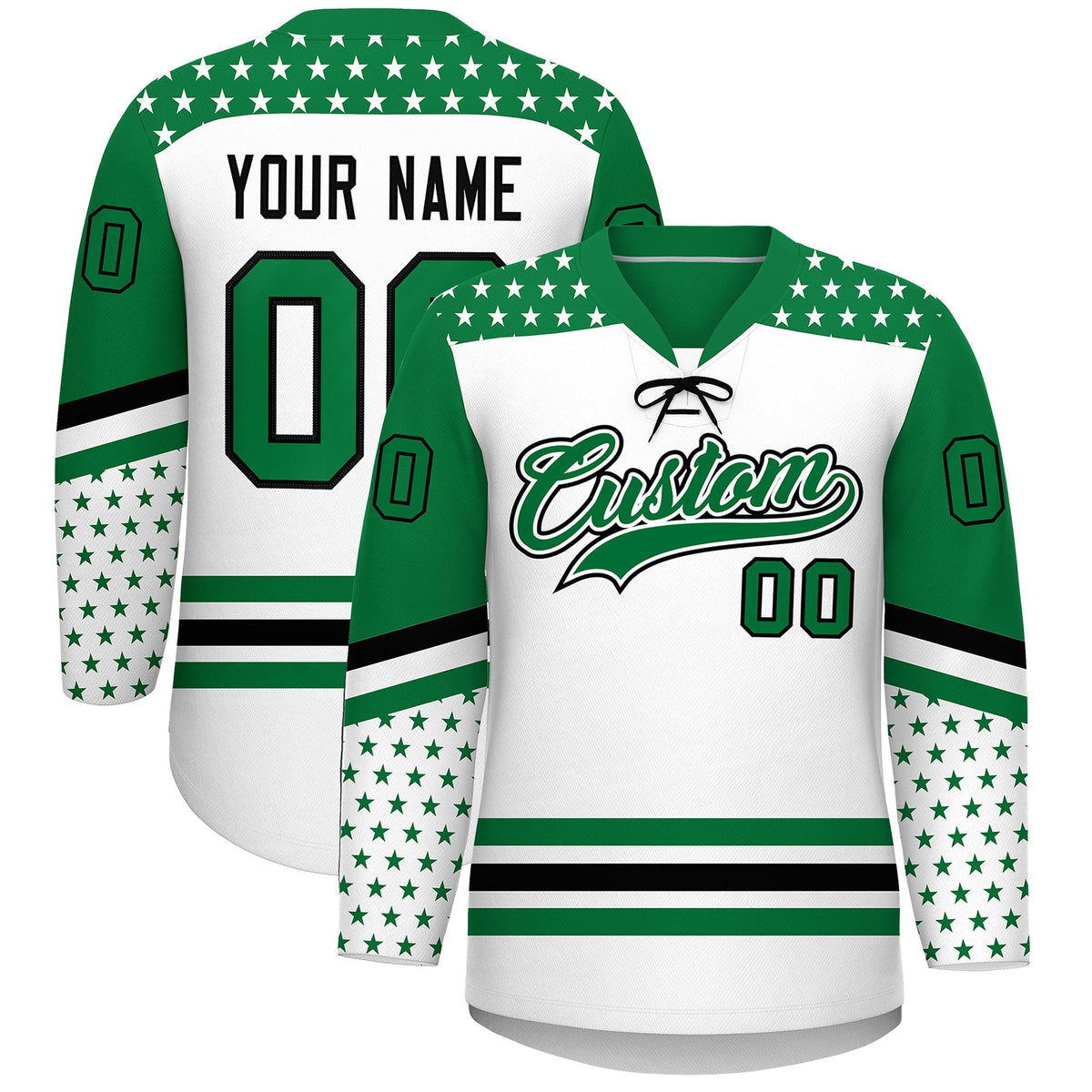 Custom White Kelly Green Black Star Series Personalization Lace-Up Neck Hockey Jersey| KXKSHOP