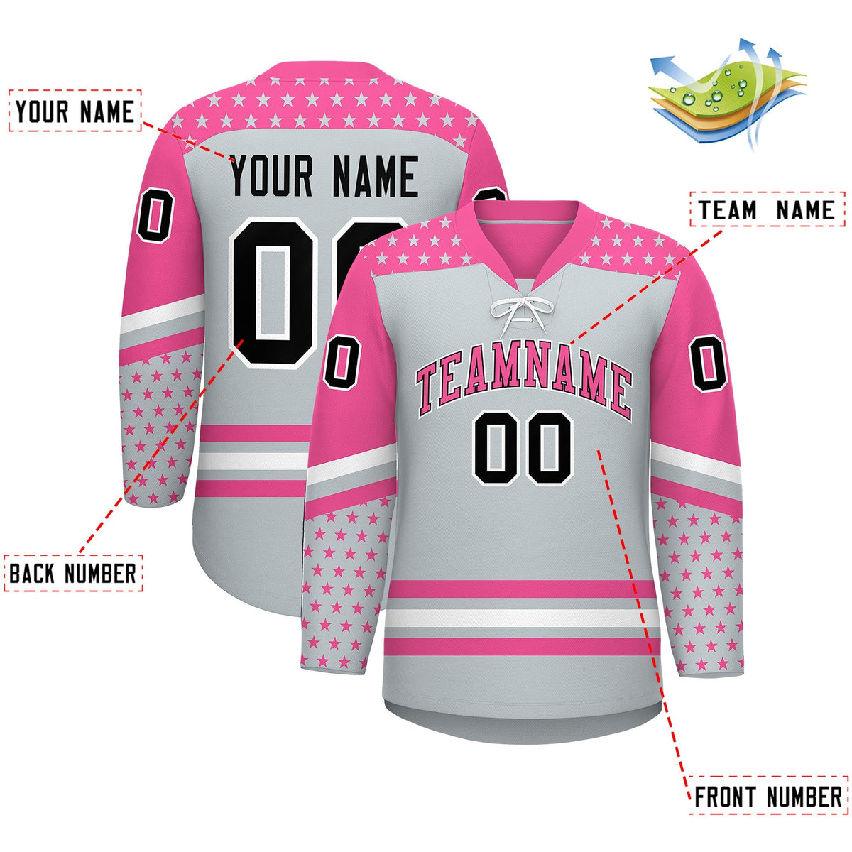 Custom Silver Pink White Star Series Personalization Lace-Up Neck Hockey Jersey| KXKSHOP