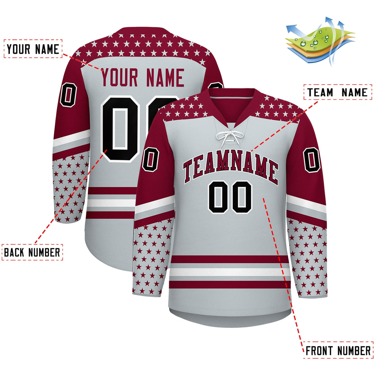 Custom Silver Crimson White Star Series Personalization Lace-Up Neck Hockey Jersey| KXKSHOP