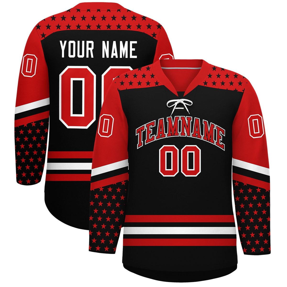 Custom Black Red White Star Series Personalization Lace-Up Neck Hockey Jersey| KXKSHOP