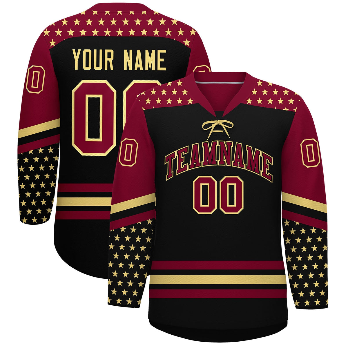 Custom Black Crimson Khaki Star Series Personalization Lace-Up Neck Hockey Jersey| KXKSHOP