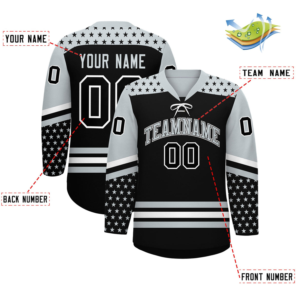 Custom Black Silver White Star Series Personalization Lace-Up Neck Hockey Jersey| KXKSHOP