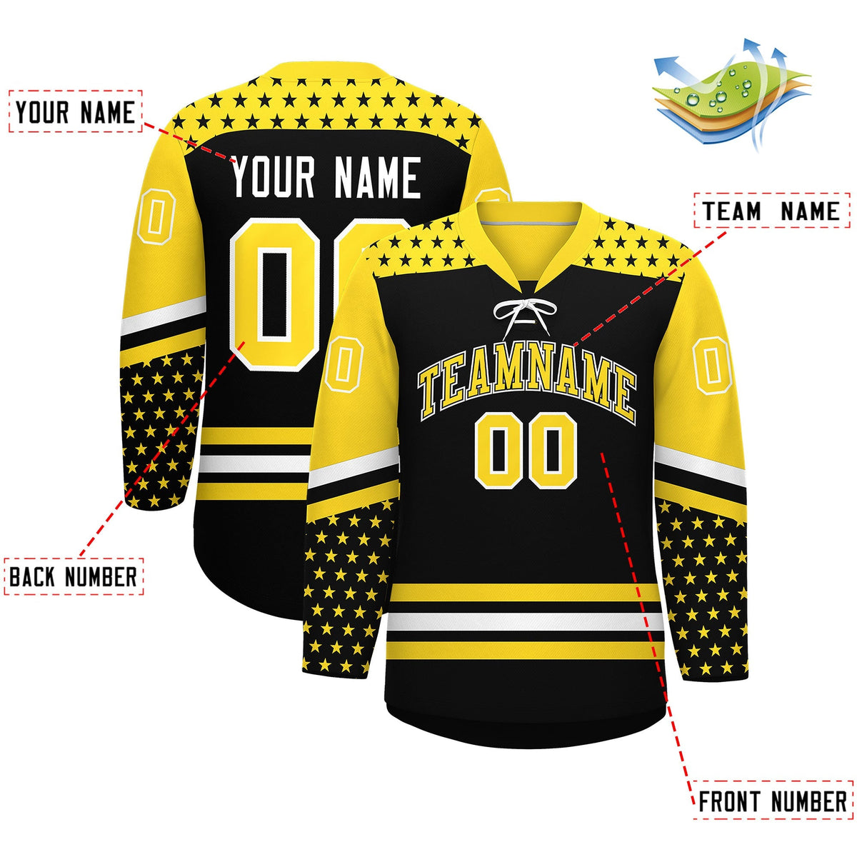 Custom Black Gold White Star Series Personalization Lace-Up Neck Hockey Jersey| KXKSHOP