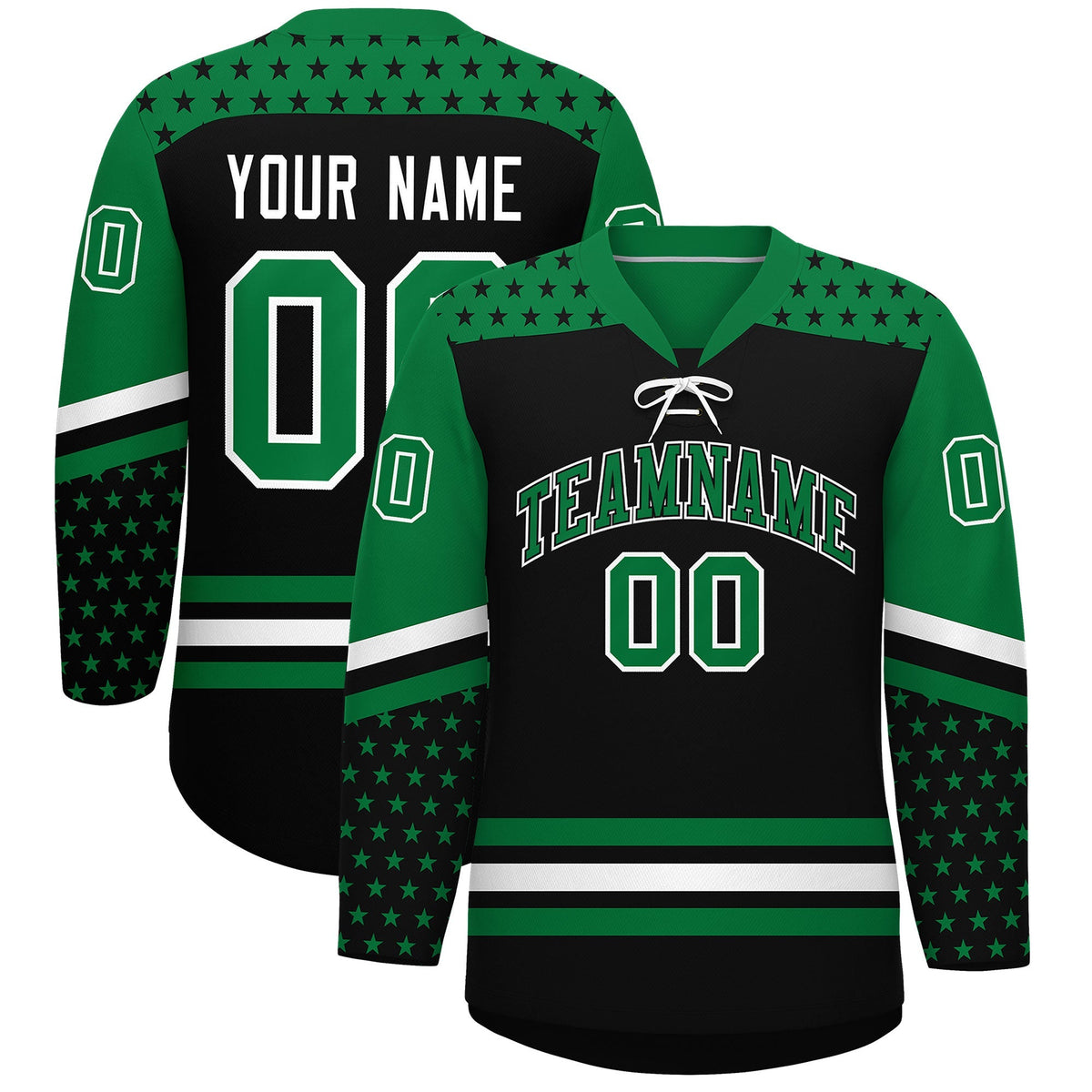 Custom Black Kelly Green White Star Series Personalization Lace-Up Neck Hockey Jersey| KXKSHOP
