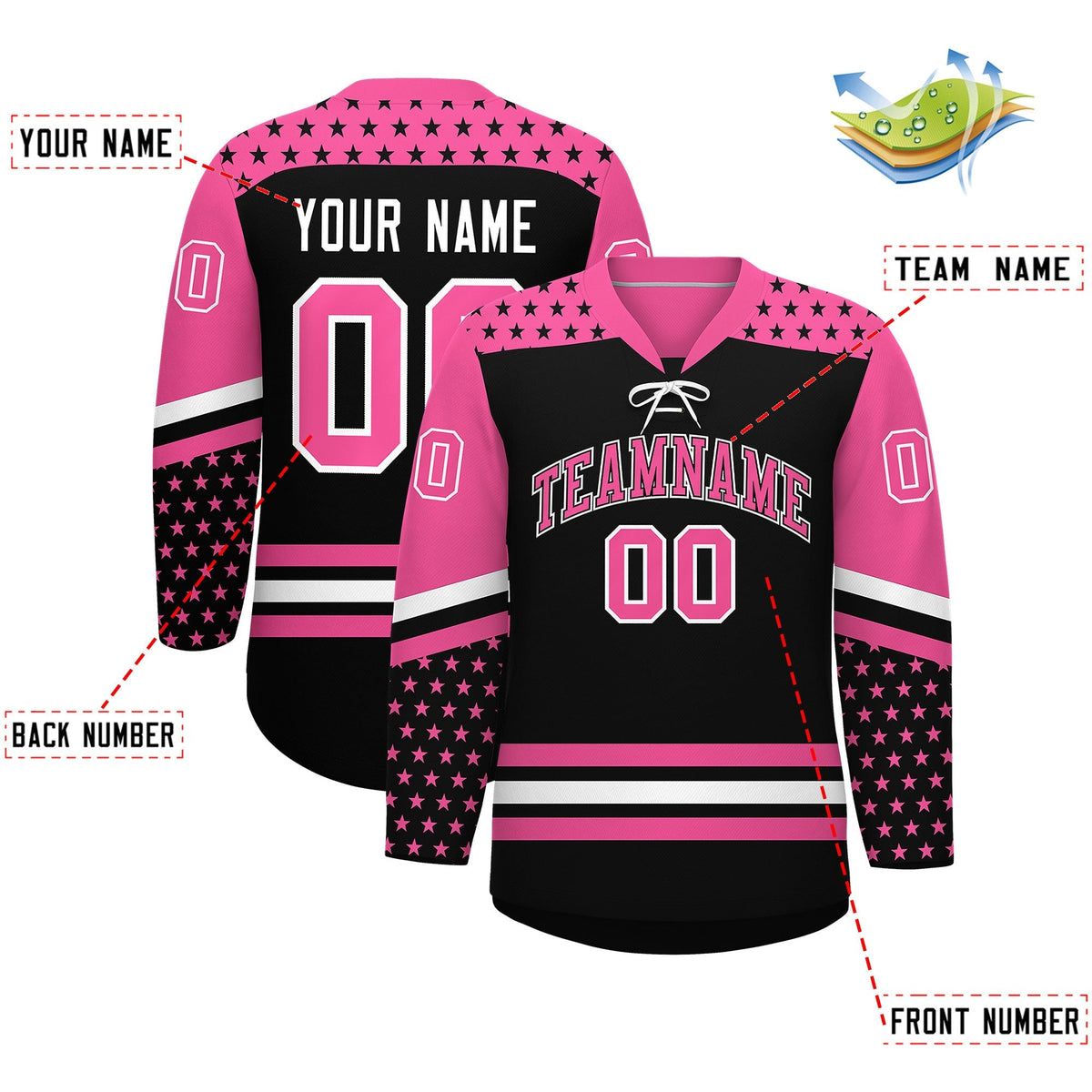 Custom Black Pink White Star Series Personalization Lace-Up Neck Hockey Jersey| KXKSHOP