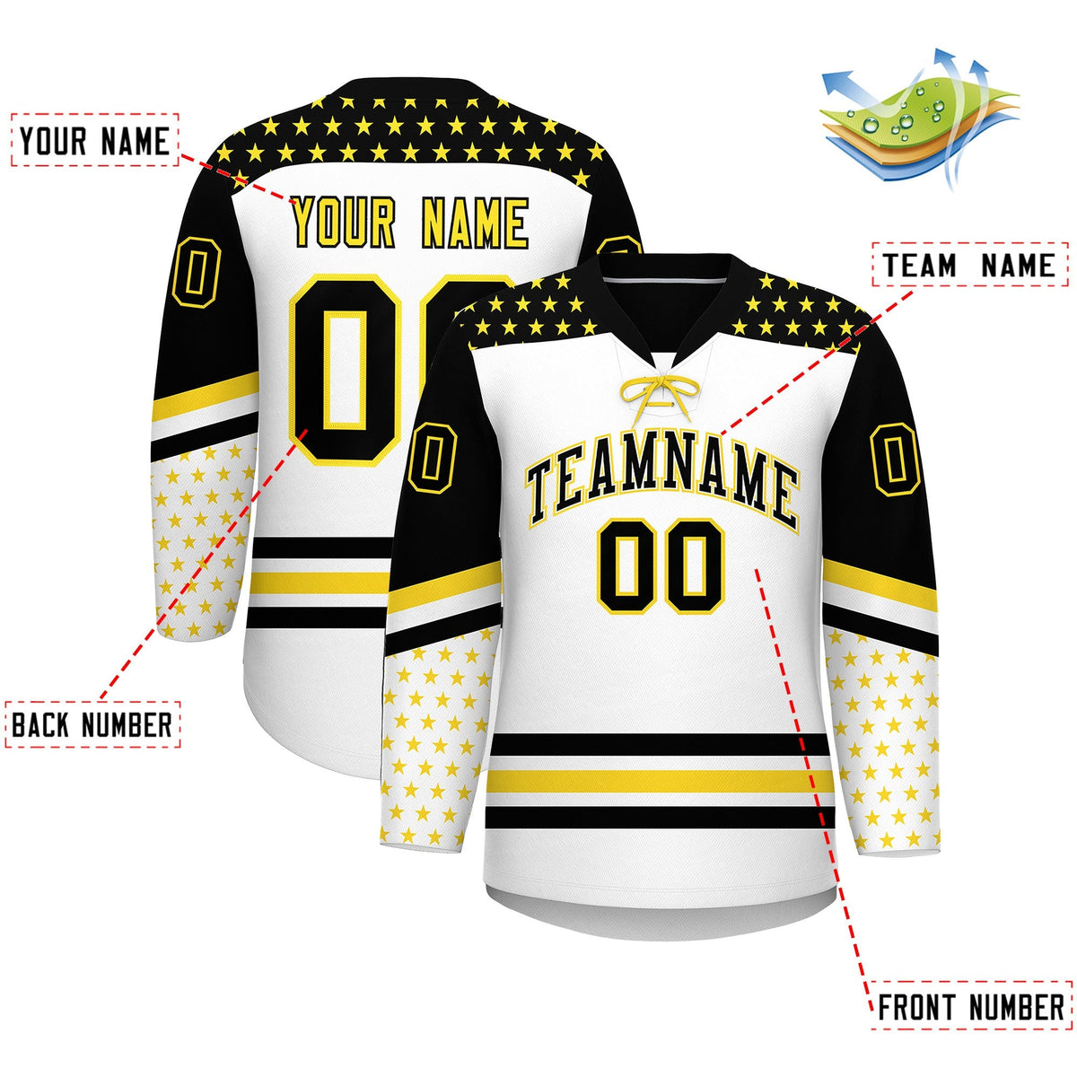 Custom White Black Gold Star Series Personalization Lace-Up Neck Hockey Jersey| KXKSHOP