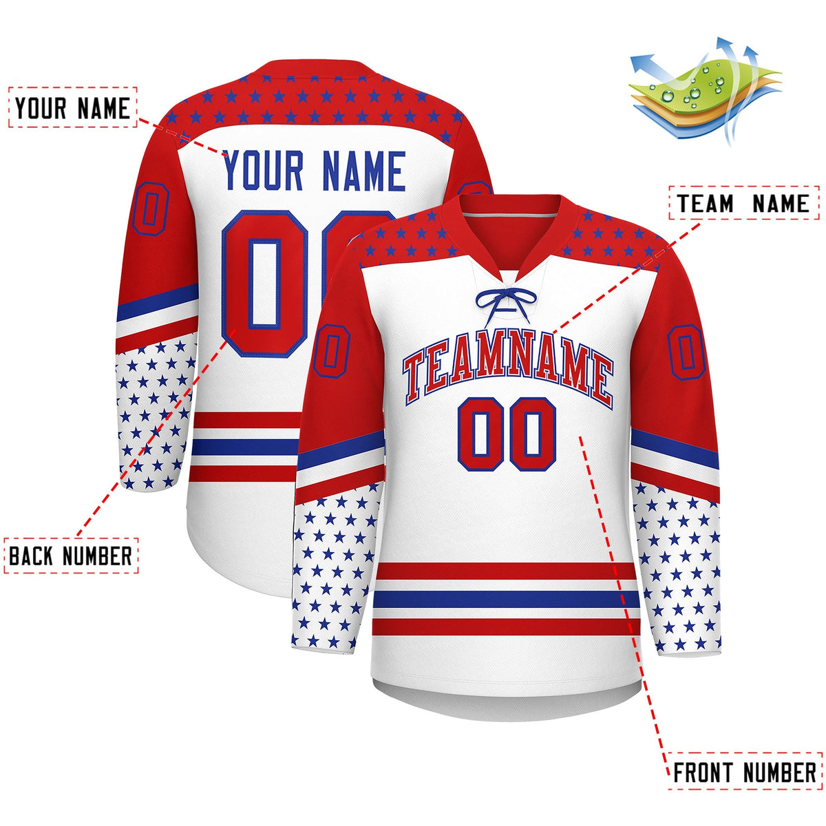 Custom White Red Royal Blue Star Series Personalization Lace-Up Neck Hockey Jersey| KXKSHOP