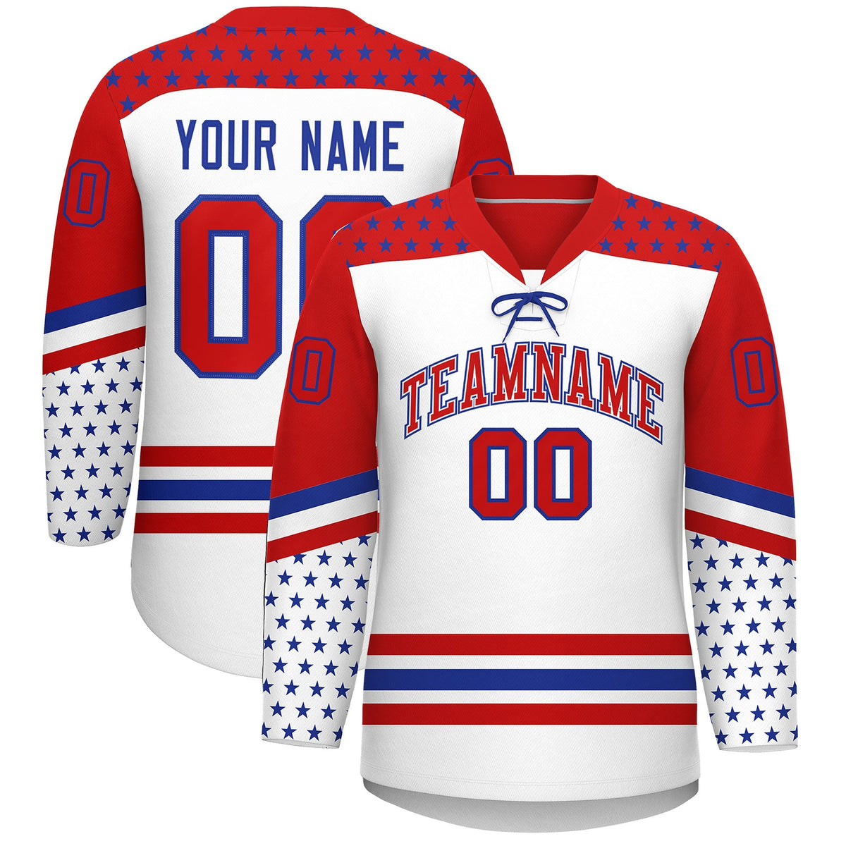 Custom White Red Royal Blue Star Series Personalization Lace-Up Neck Hockey Jersey| KXKSHOP