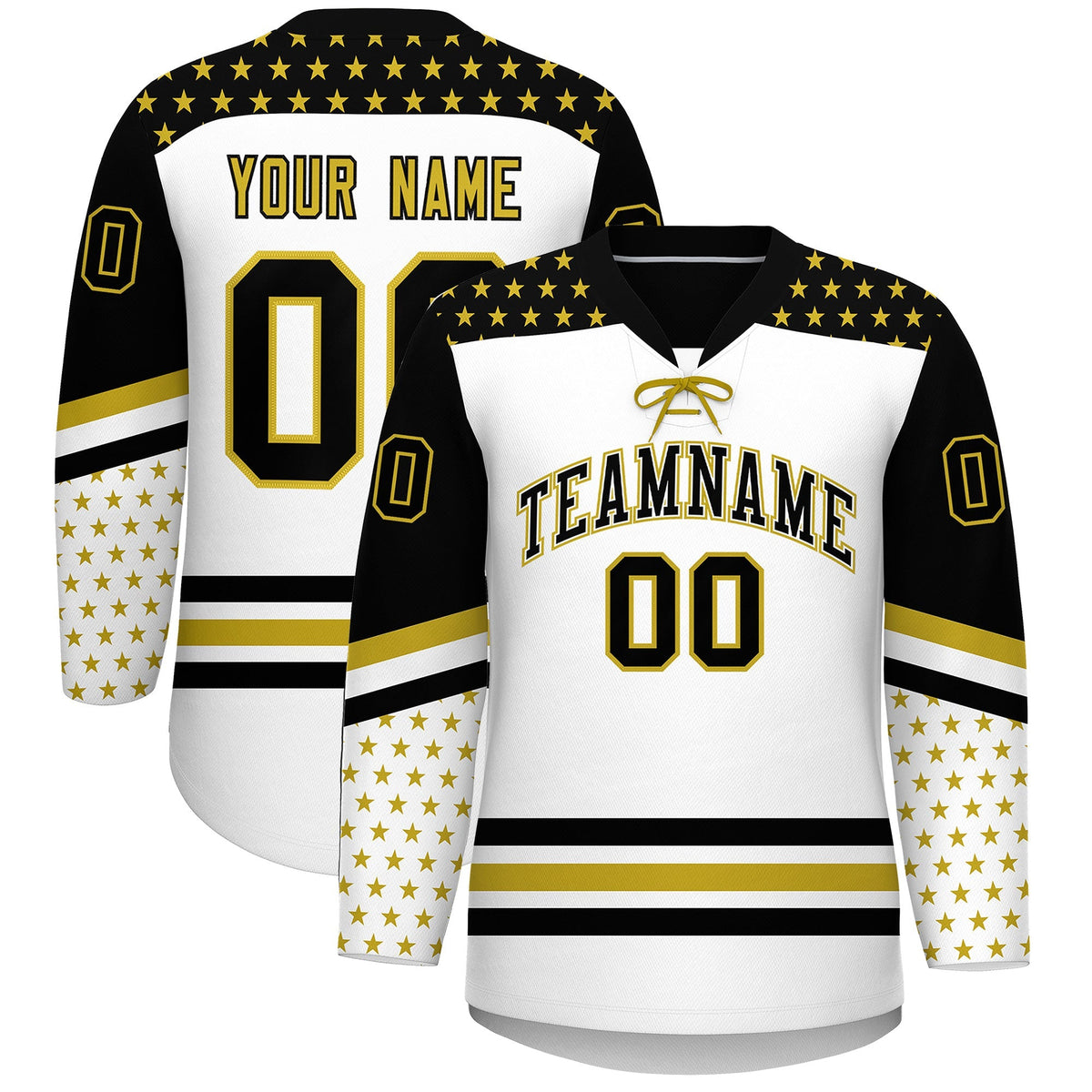 Custom White Black Old Gold Star Series Personalization Lace-Up Neck Hockey Jersey| KXKSHOP