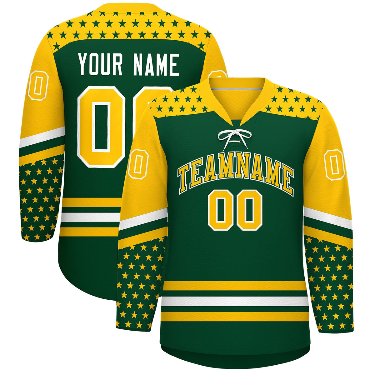 Custom Green Gold White Star Series Personalization Lace-Up Neck Hockey Jersey| KXKSHOP