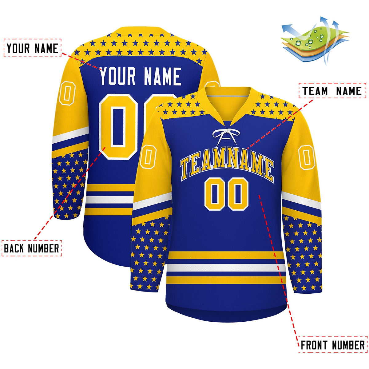 Custom Royal Blue Gold White Star Series Personalization Lace-Up Neck Hockey Jersey| KXKSHOP
