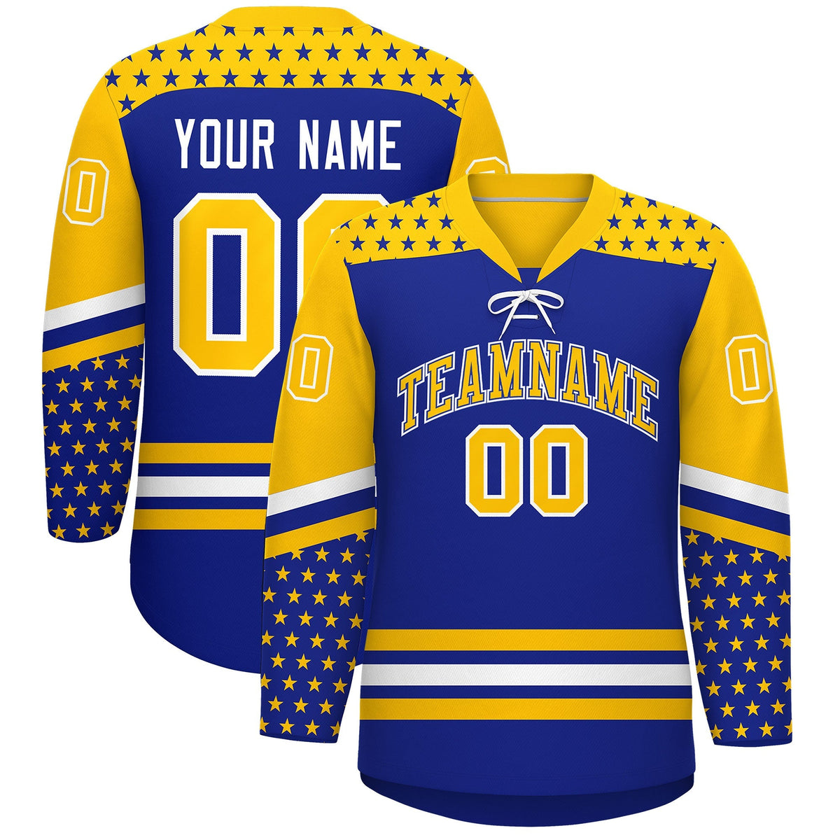 Custom Royal Blue Gold White Star Series Personalization Lace-Up Neck Hockey Jersey| KXKSHOP