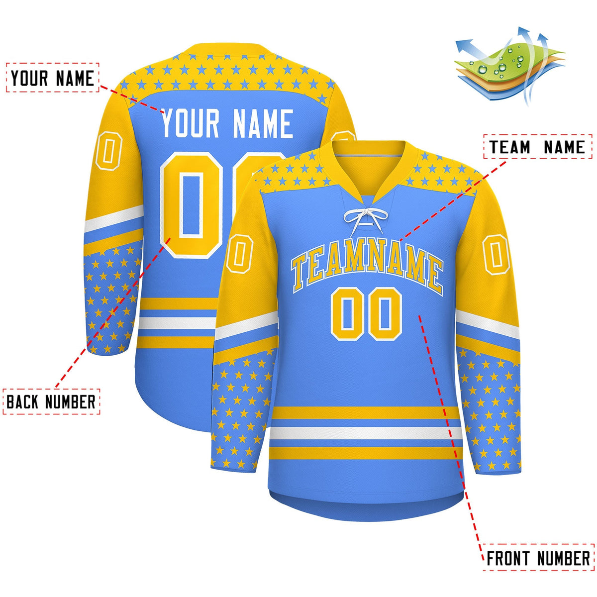 Custom Powder Blue Gold White Star Series Personalization Lace-Up Neck Hockey Jersey| KXKSHOP