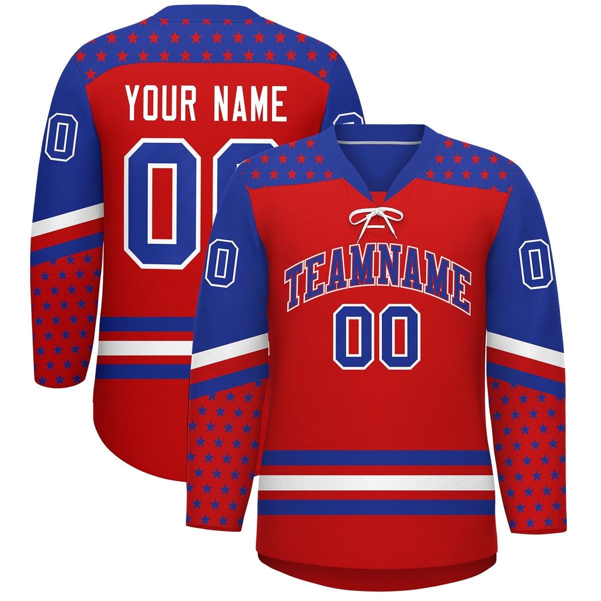 Custom Red Royal Blue White Star Series Personalization Lace-Up Neck Hockey Jersey| KXKSHOP