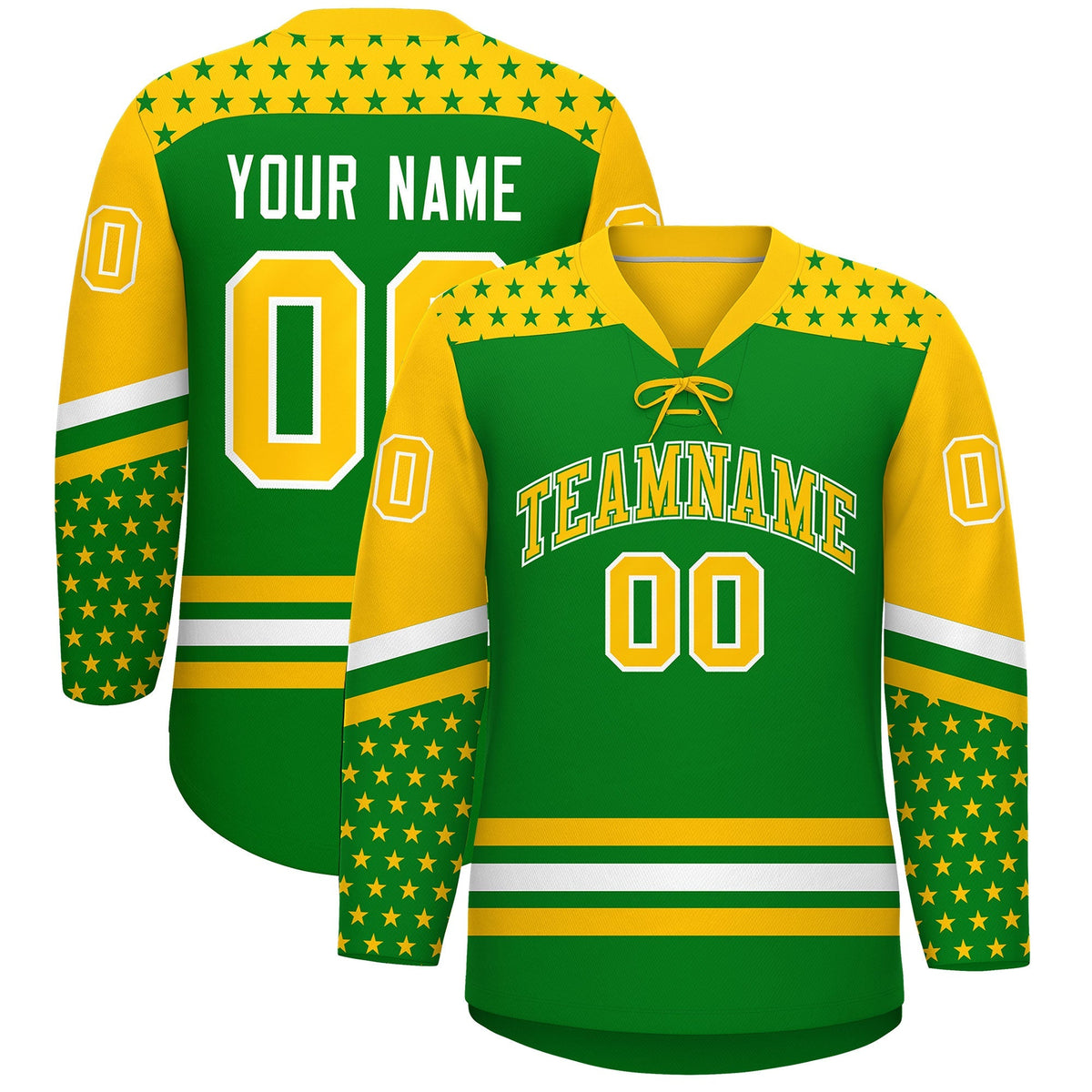 Custom Kelly Green Gold White Star Series Personalization Lace-Up Neck Hockey Jersey| KXKSHOP