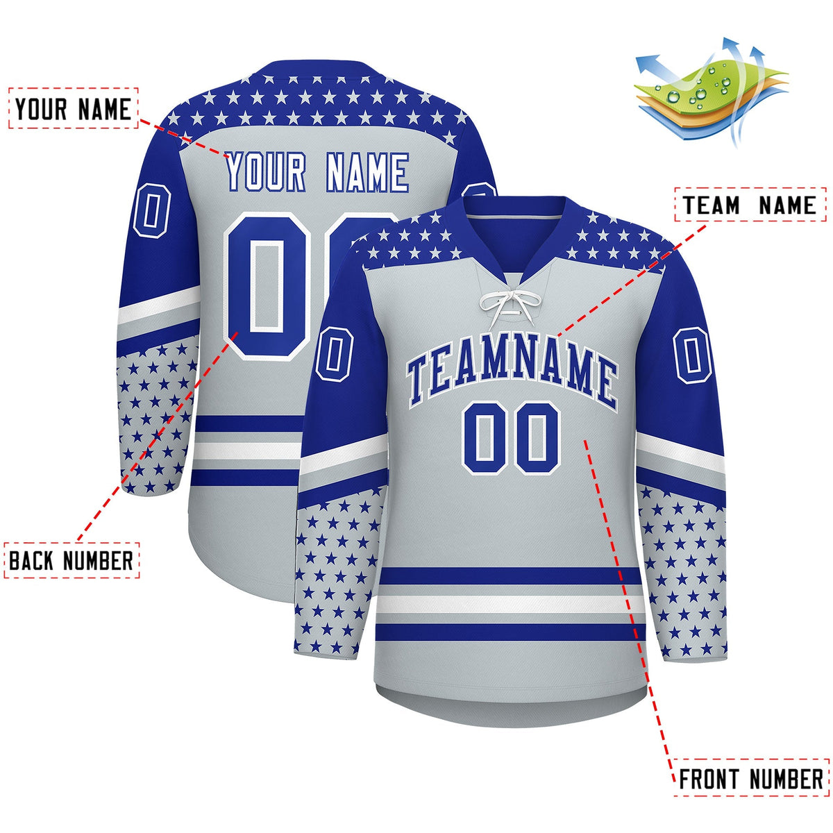 Custom Silver Royal Blue White Star Series Personalization Lace-Up Neck Hockey Jersey| KXKSHOP