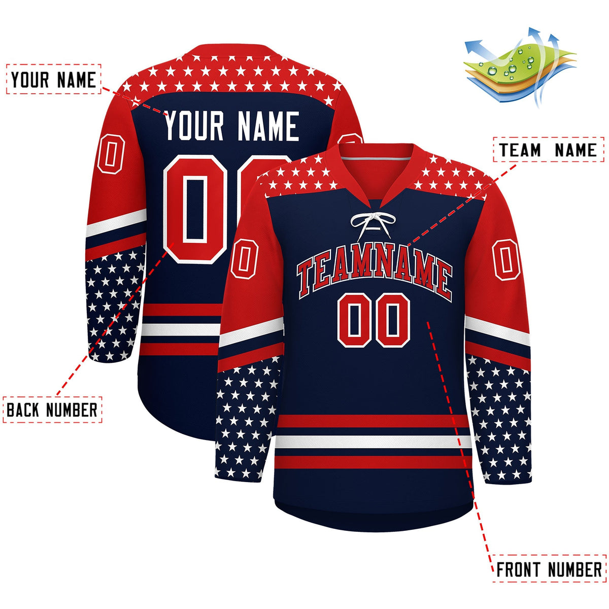 Custom Navy Red White Star Series Personalization Lace-Up Neck Hockey Jersey| KXKSHOP
