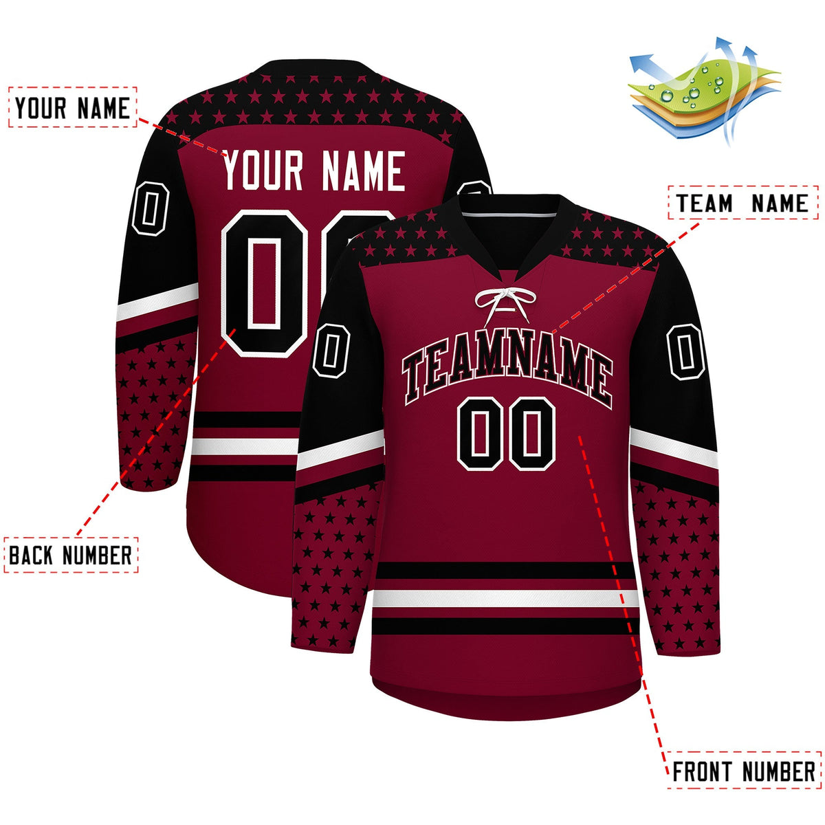 Custom Crimson Black White Star Series Personalization Lace-Up Neck Hockey Jersey| KXKSHOP