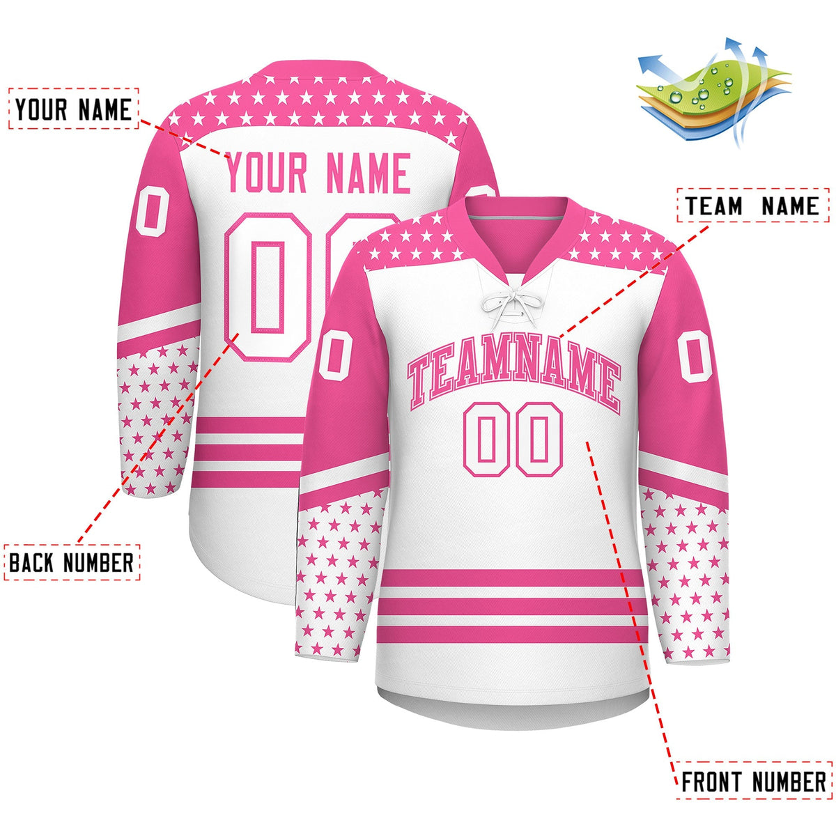 Custom White Pink Star Series Personalization Lace-Up Neck Hockey Jersey| KXKSHOP