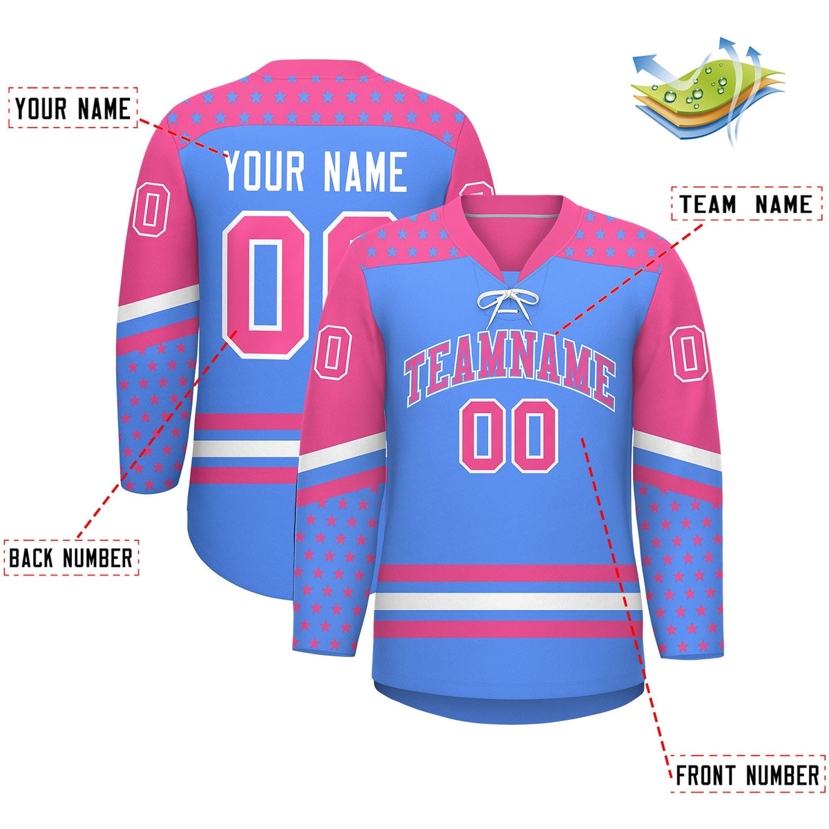 Custom Powder Blue Pink White Star Series Personalization Lace-Up Neck Hockey Jersey| KXKSHOP