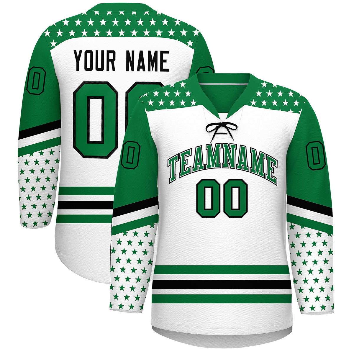 Custom White Kelly Green Black Star Series Personalization Lace-Up Neck Hockey Jersey| KXKSHOP