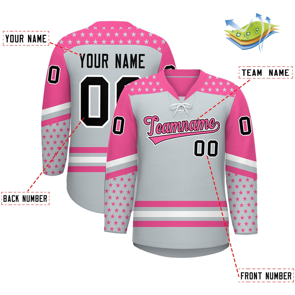 Custom Silver Pink White Star Series Personalization Lace-Up Neck Hockey Jersey| KXKSHOP