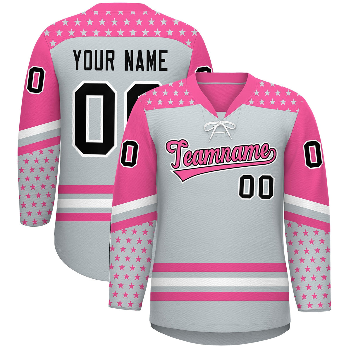 Custom Silver Pink White Star Series Personalization Lace-Up Neck Hockey Jersey| KXKSHOP