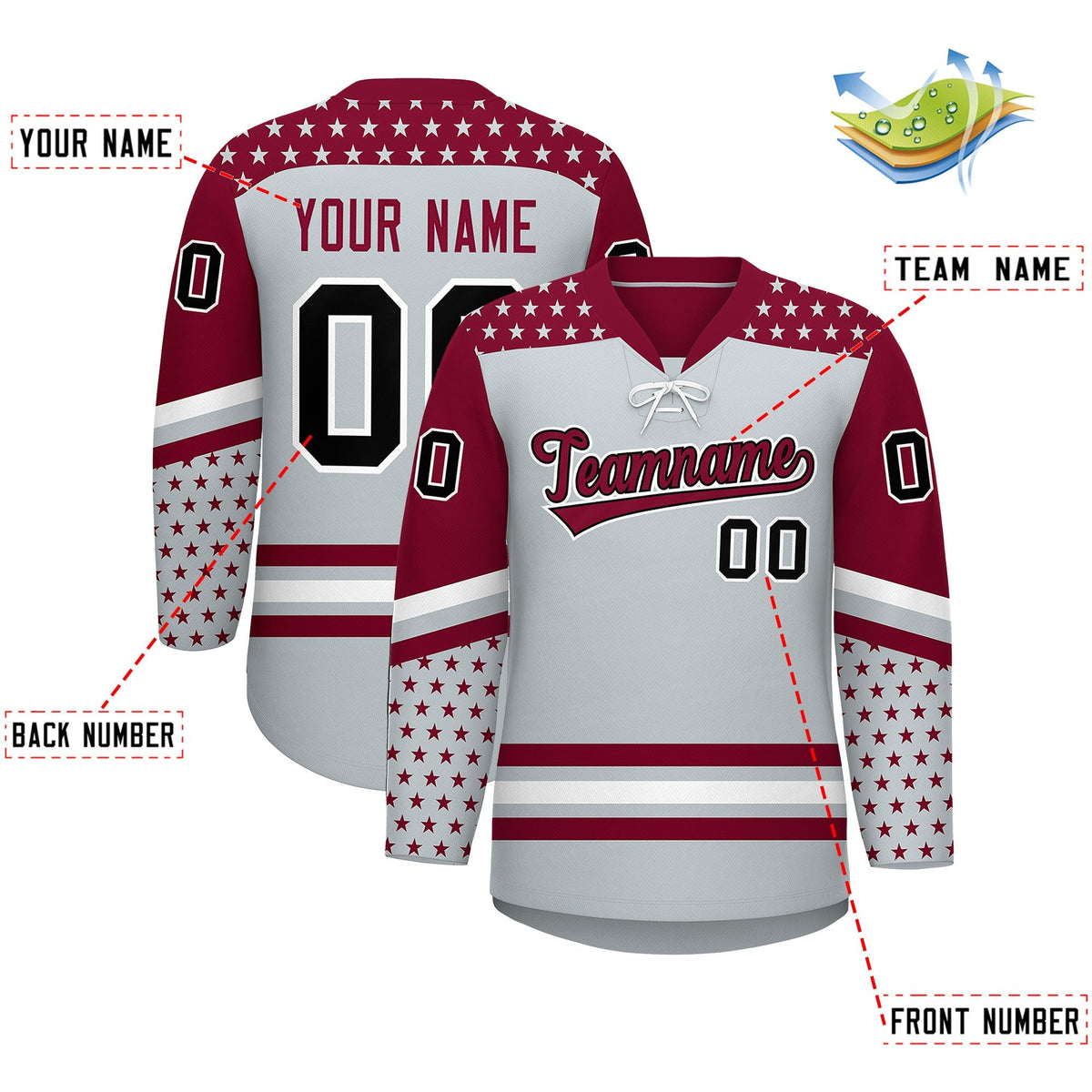 Custom Silver Crimson White Star Series Personalization Lace-Up Neck Hockey Jersey| KXKSHOP