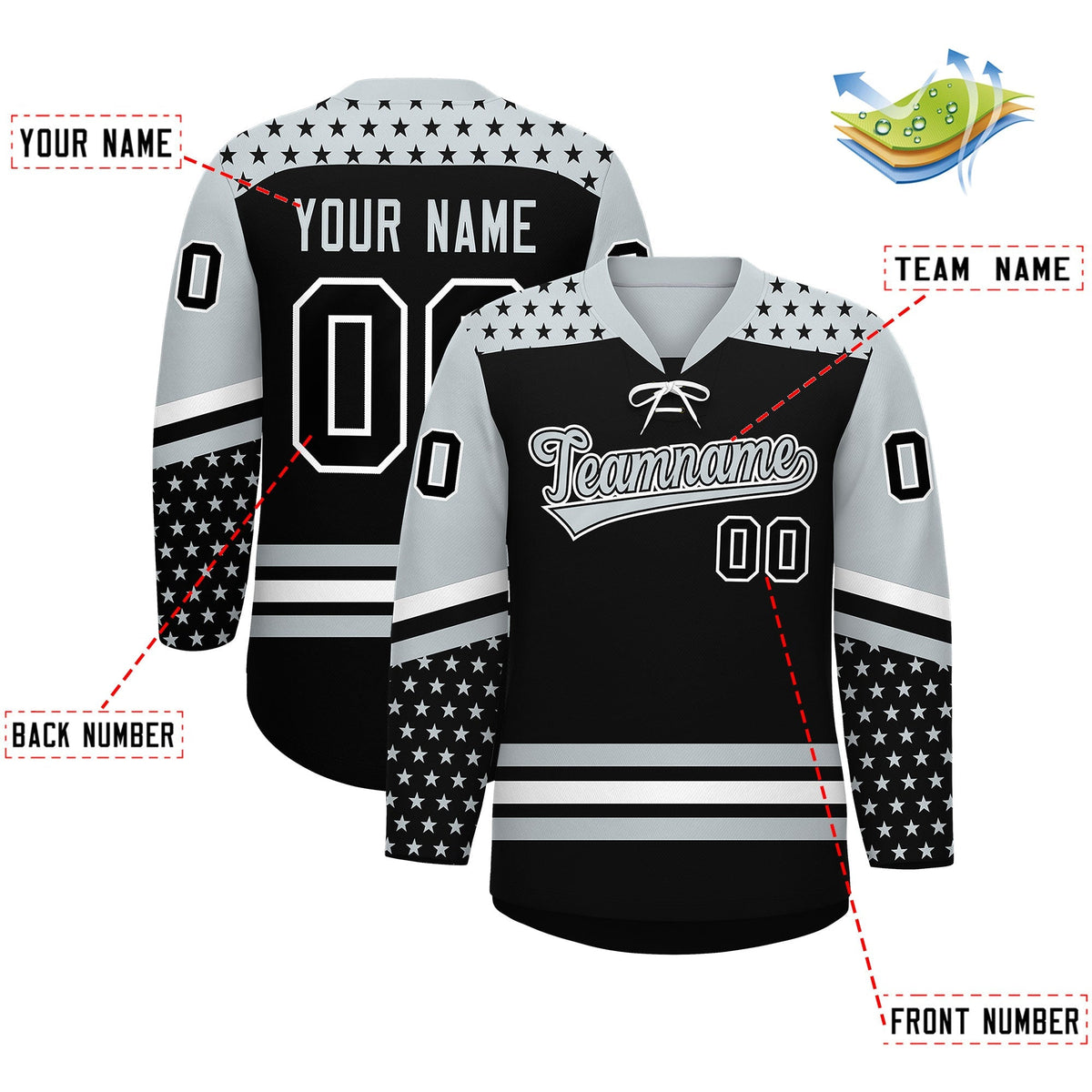Custom Black Silver White Star Series Personalization Lace-Up Neck Hockey Jersey| KXKSHOP