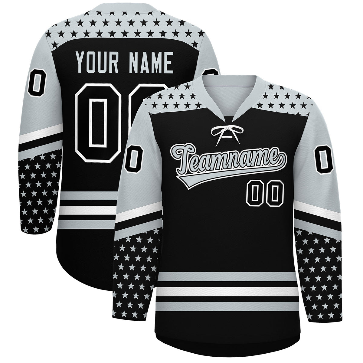 Custom Black Silver White Star Series Personalization Lace-Up Neck Hockey Jersey| KXKSHOP