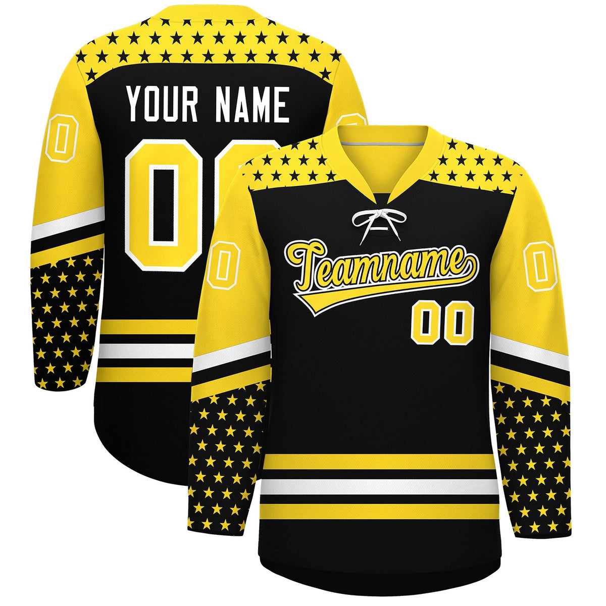 Custom Black Gold White Star Series Personalization Lace-Up Neck Hockey Jersey| KXKSHOP