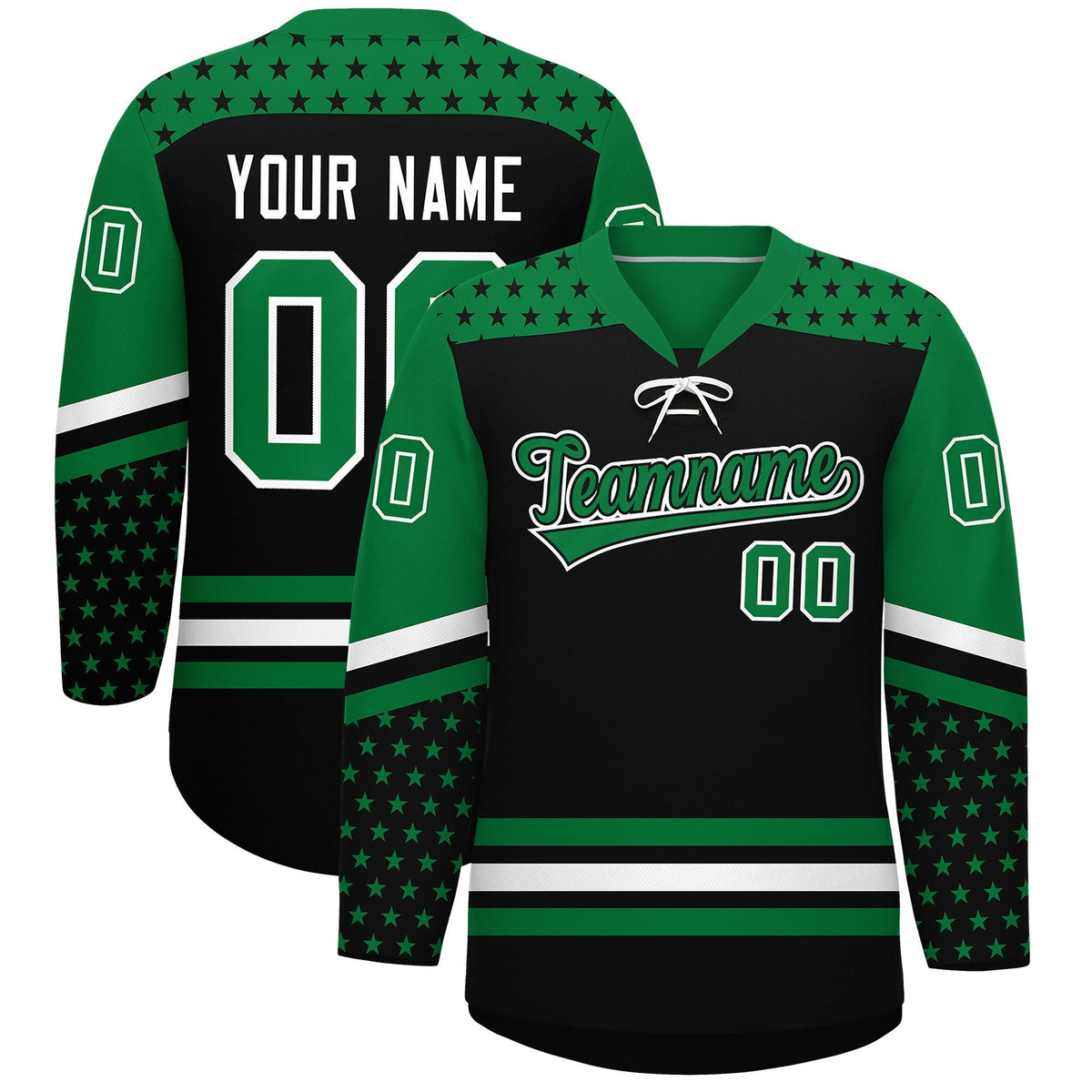 Custom Black Kelly Green White Star Series Personalization Lace-Up Neck Hockey Jersey| KXKSHOP