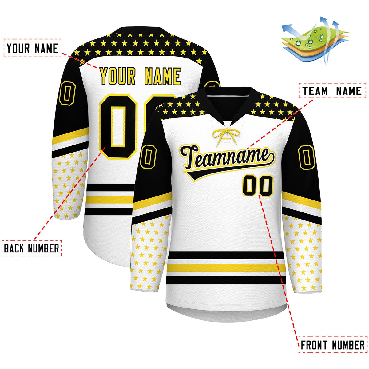Custom White Black Gold Star Series Personalization Lace-Up Neck Hockey Jersey| KXKSHOP
