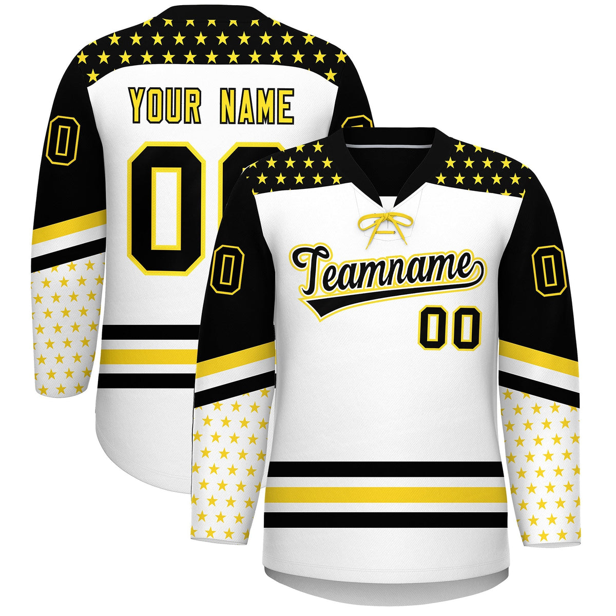 Custom White Black Gold Star Series Personalization Lace-Up Neck Hockey Jersey| KXKSHOP