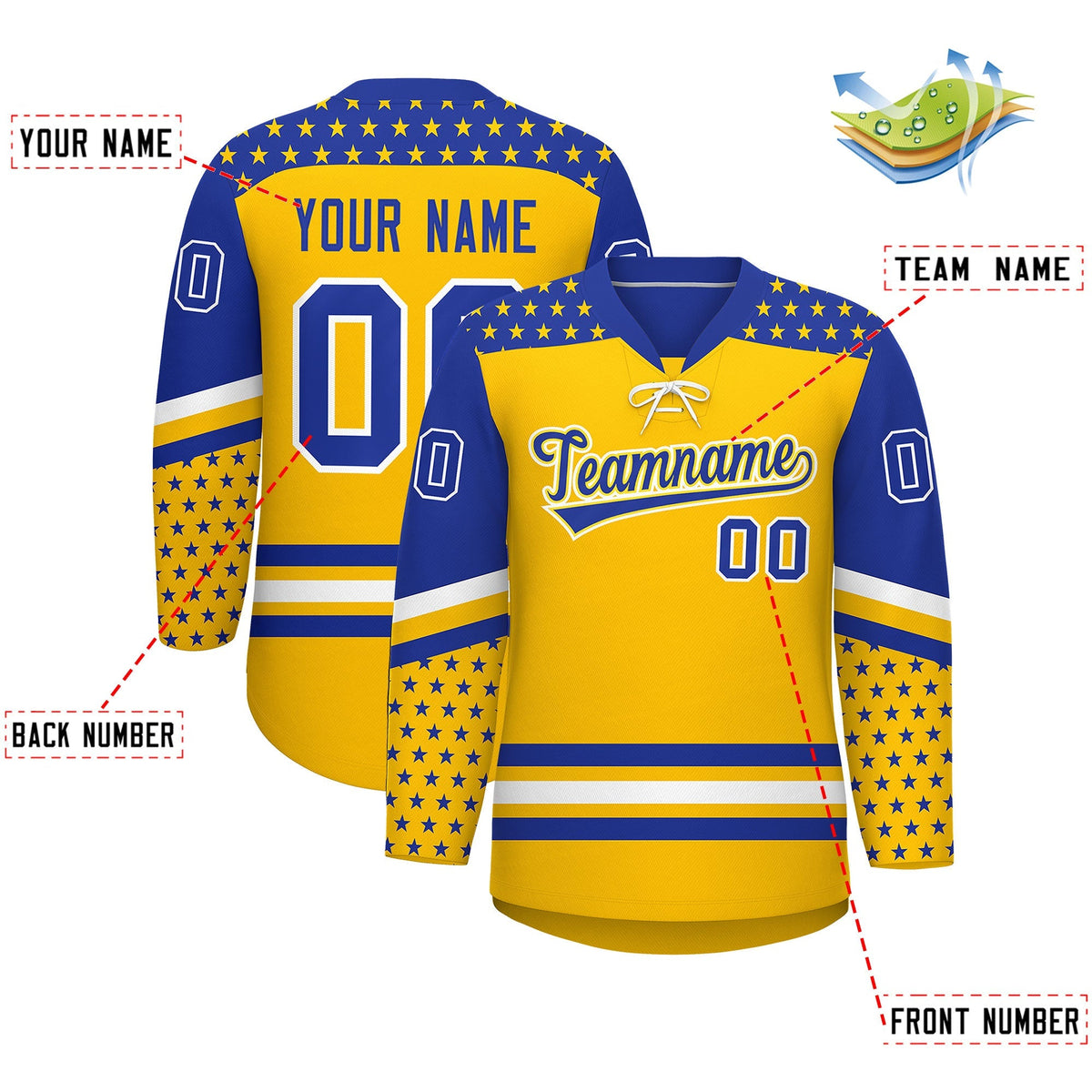 Custom Gold Royal Blue White Star Series Personalization Lace-Up Neck Hockey Jersey| KXKSHOP