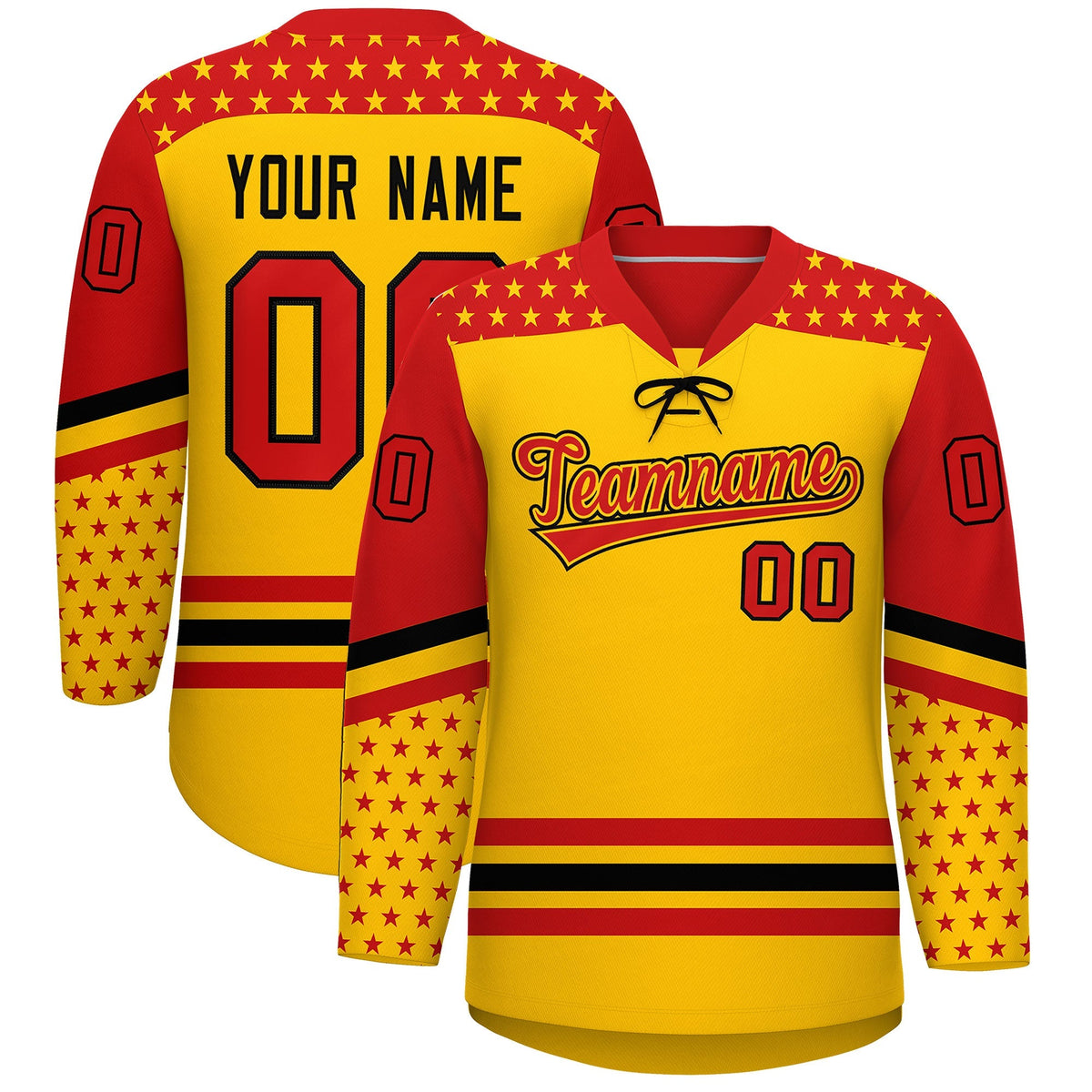 Custom Gold Red Black Star Series Personalization Lace-Up Neck Hockey Jersey| KXKSHOP