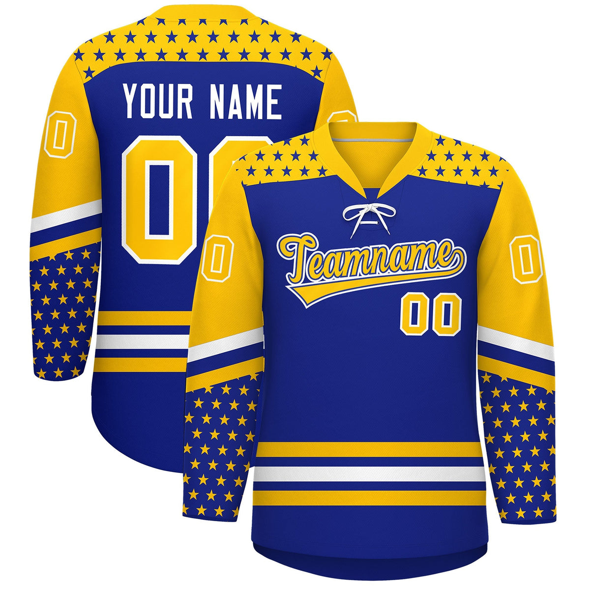 Custom Royal Blue Gold White Star Series Personalization Lace-Up Neck Hockey Jersey| KXKSHOP