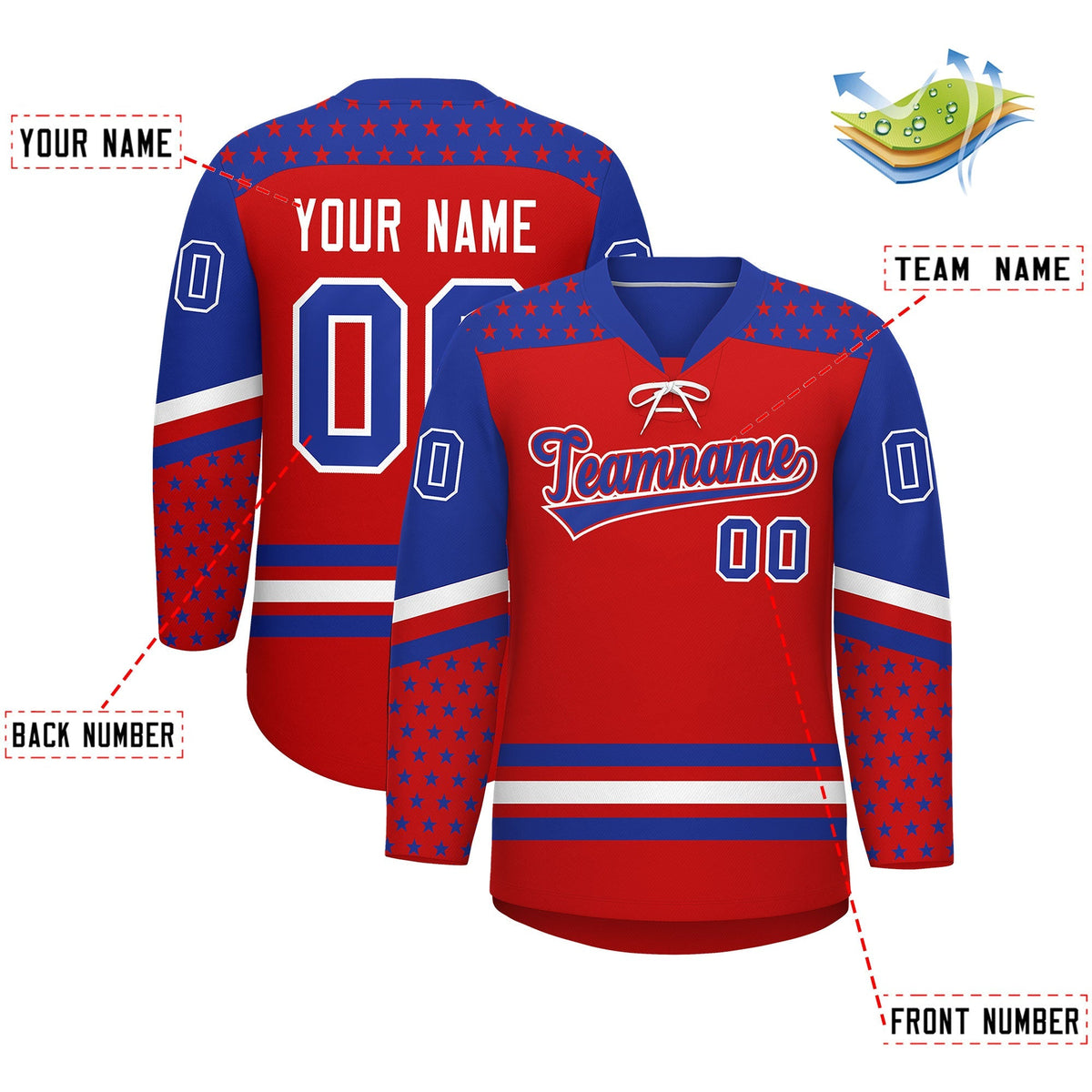 Custom Red Royal Blue White Star Series Personalization Lace-Up Neck Hockey Jersey| KXKSHOP