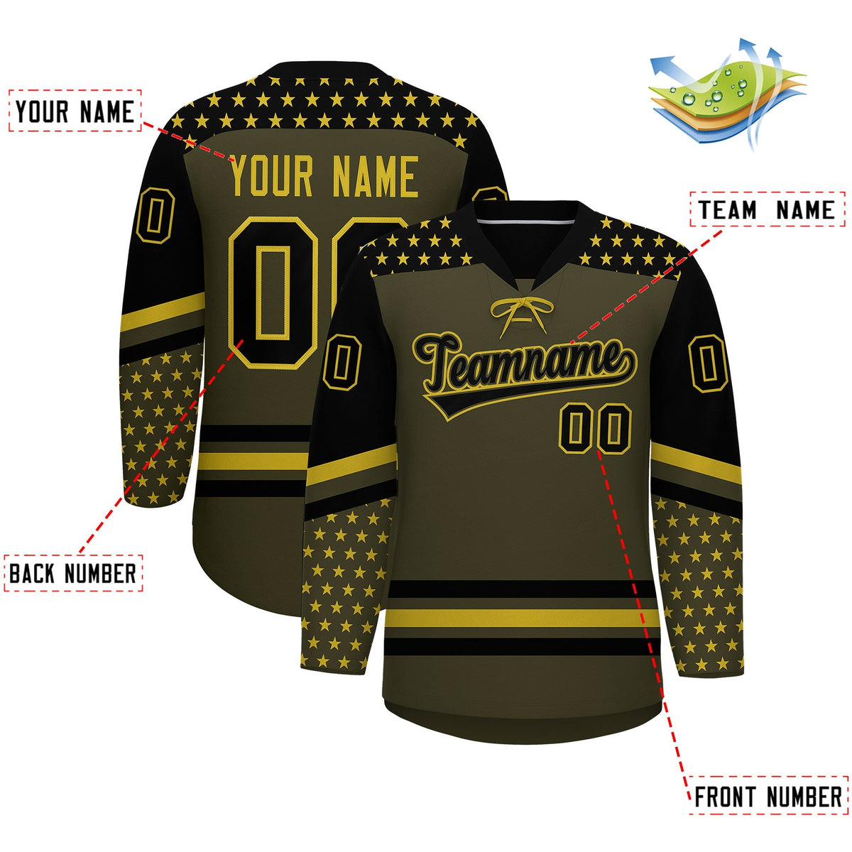 Custom Olive Black Old Gold Star Series Personalization Lace-Up Neck Hockey Jersey| KXKSHOP