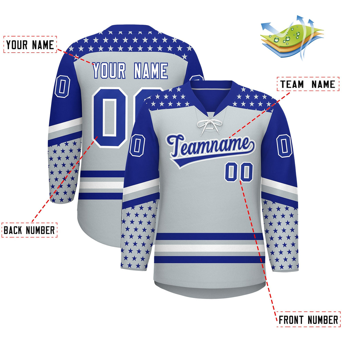 Custom Silver Royal Blue White Star Series Personalization Lace-Up Neck Hockey Jersey| KXKSHOP