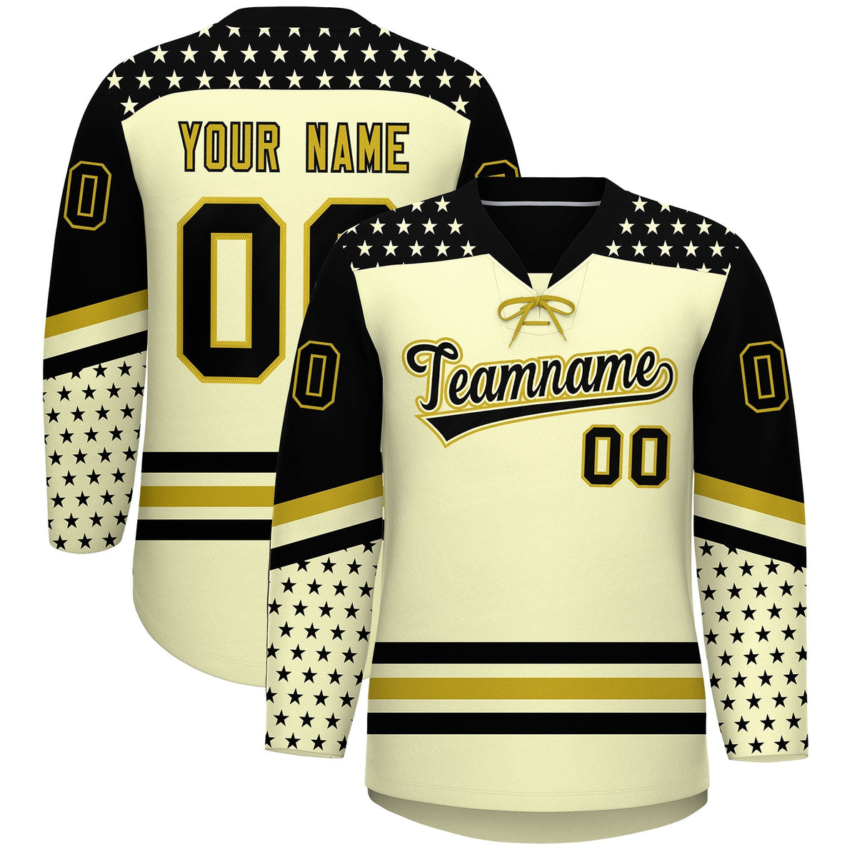 Custom Cream Black Old Gold Star Series Personalization Lace-Up Neck Hockey Jersey| KXKSHOP