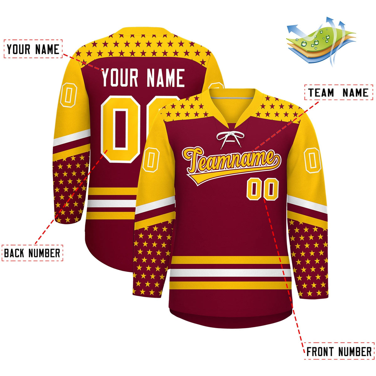 Custom Crimson Gold White Star Series Personalization Lace-Up Neck Hockey Jersey| KXKSHOP