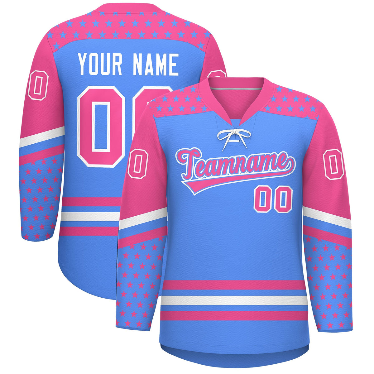 Custom Powder Blue Pink White Star Series Personalization Lace-Up Neck Hockey Jersey| KXKSHOP