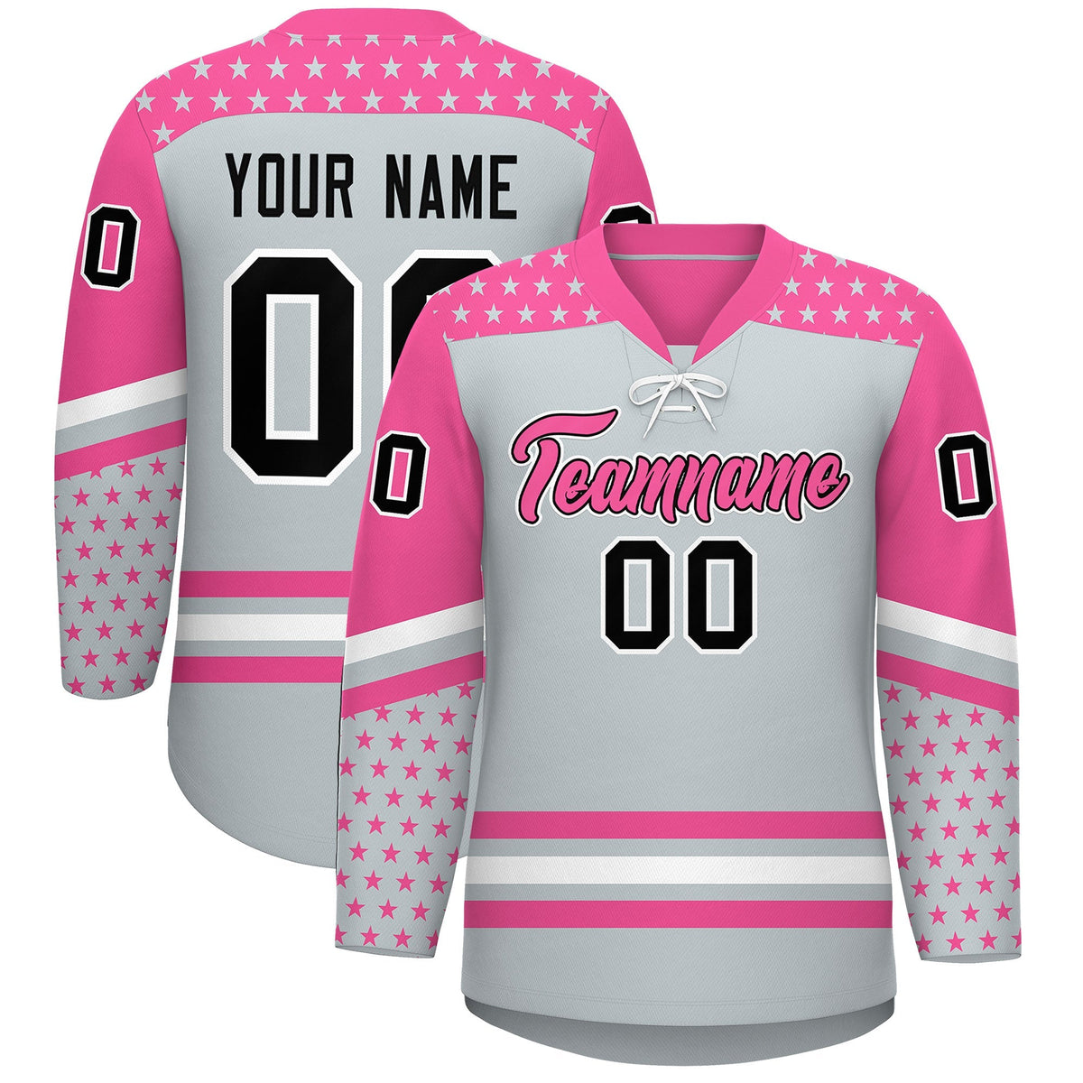 Custom Silver Pink White Star Series Personalization Lace-Up Neck Hockey Jersey| KXKSHOP