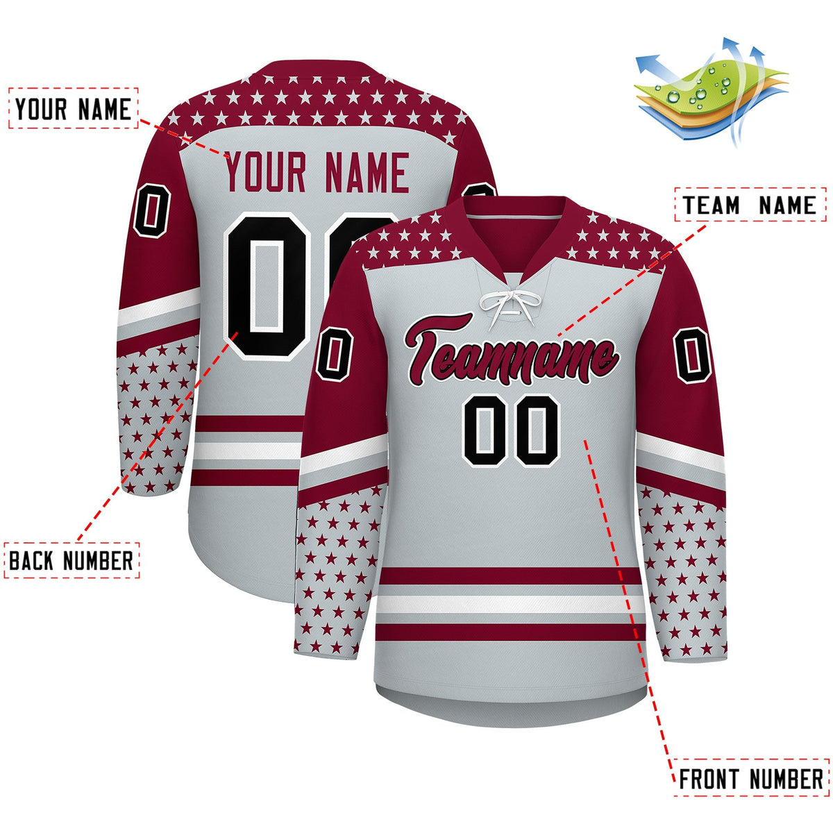 Custom Silver Crimson White Star Series Personalization Lace-Up Neck Hockey Jersey| KXKSHOP