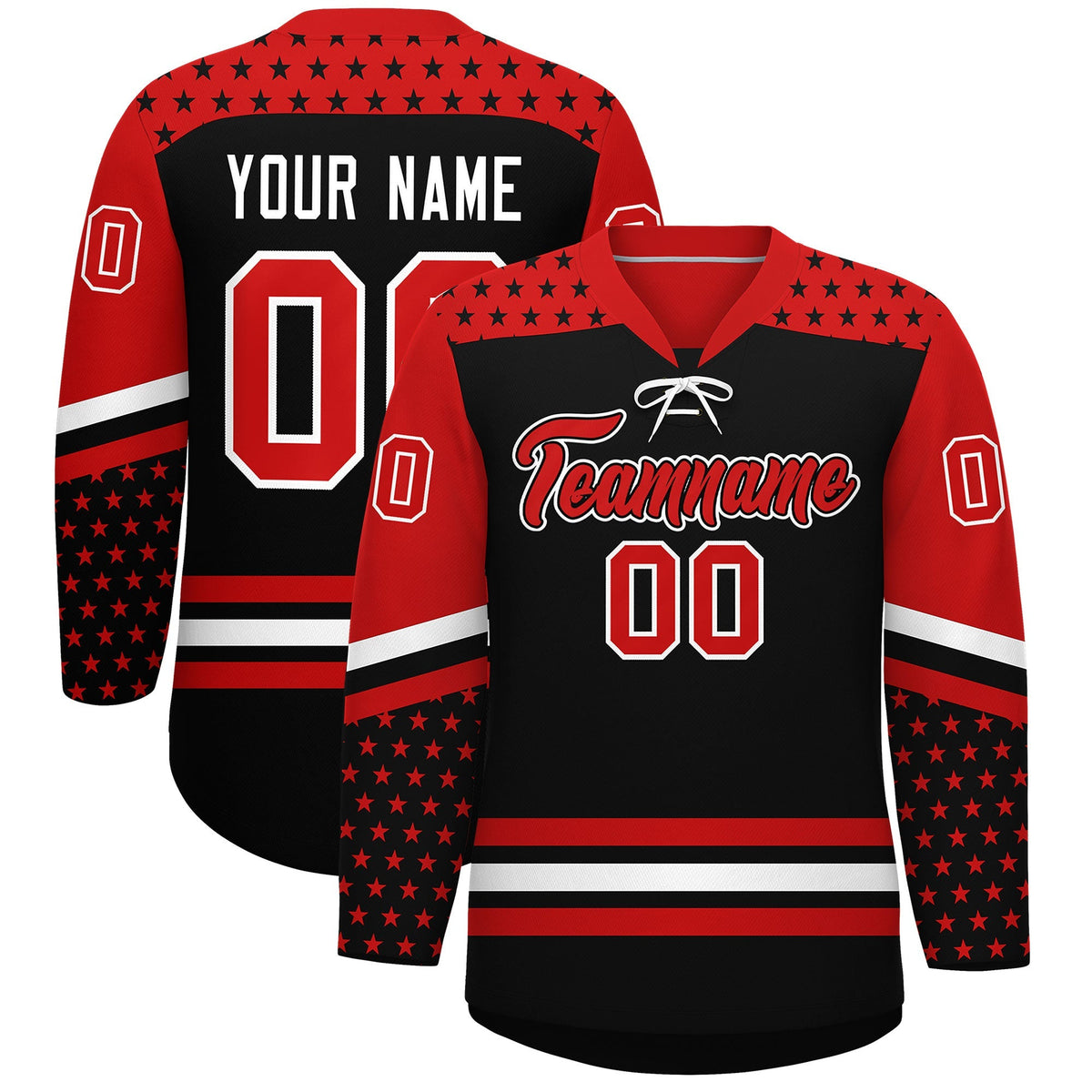 Custom Black Red White Star Series Personalization Lace-Up Neck Hockey Jersey| KXKSHOP
