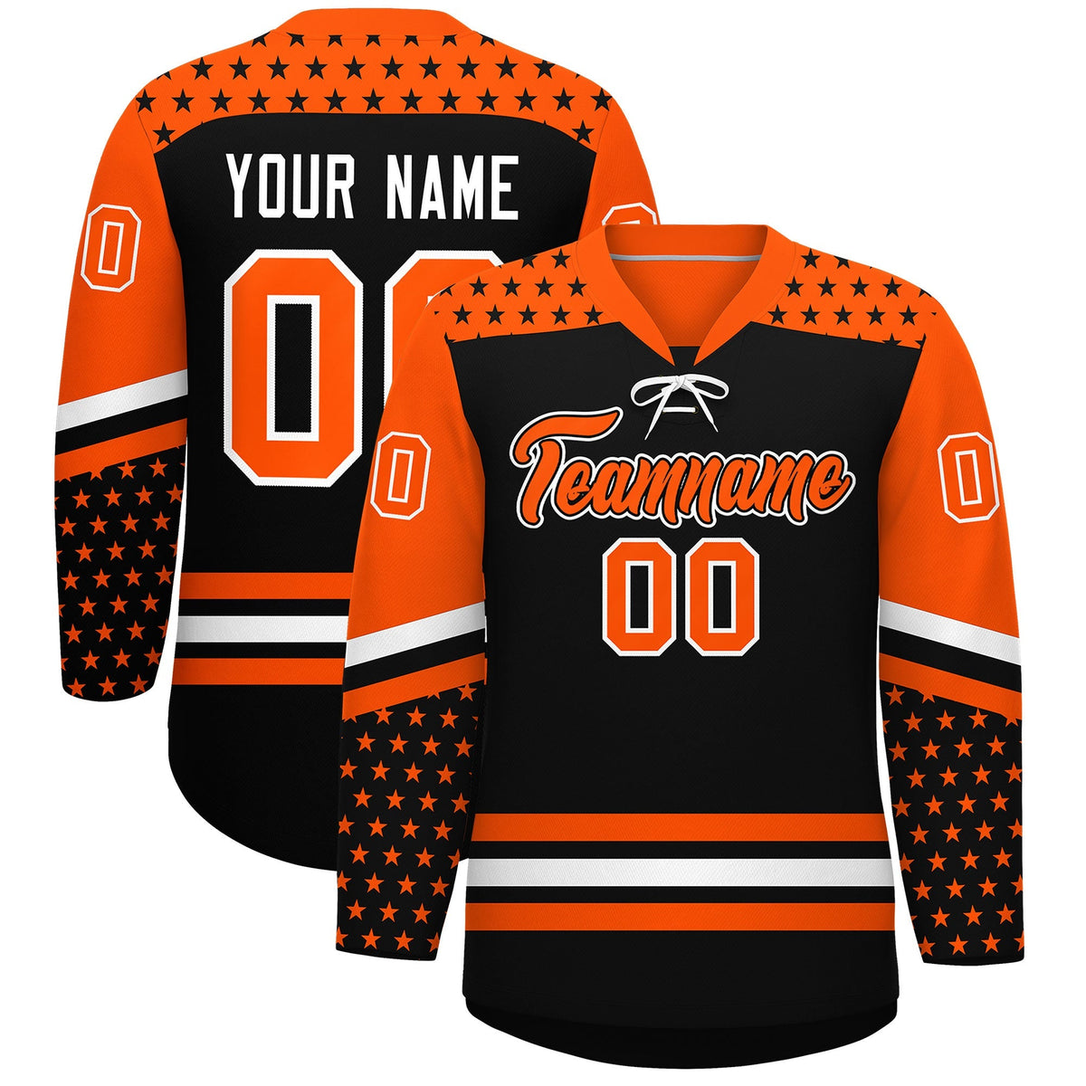 Custom Black Orange White Star Series Personalization Lace-Up Neck Hockey Jersey| KXKSHOP