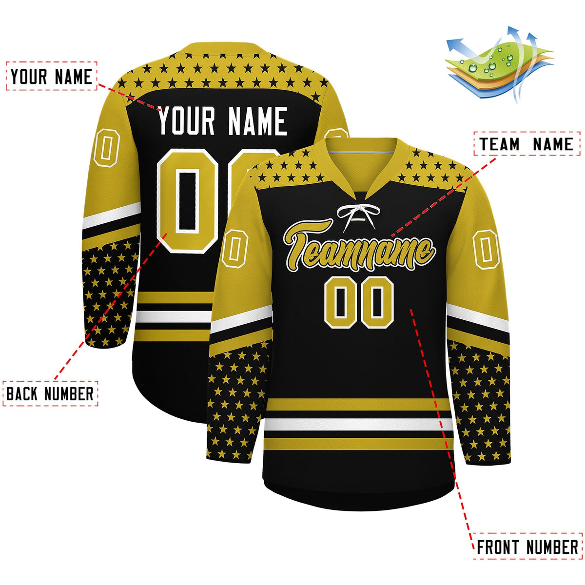Custom Black Old Gold White Star Series Personalization Lace-Up Neck Hockey Jersey| KXKSHOP