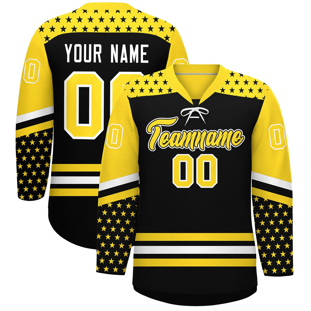 Custom Black Gold White Star Series Personalization Lace-Up Neck Hockey Jersey| KXKSHOP