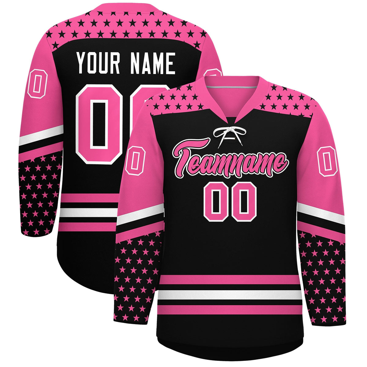 Custom Black Pink White Star Series Personalization Lace-Up Neck Hockey Jersey| KXKSHOP